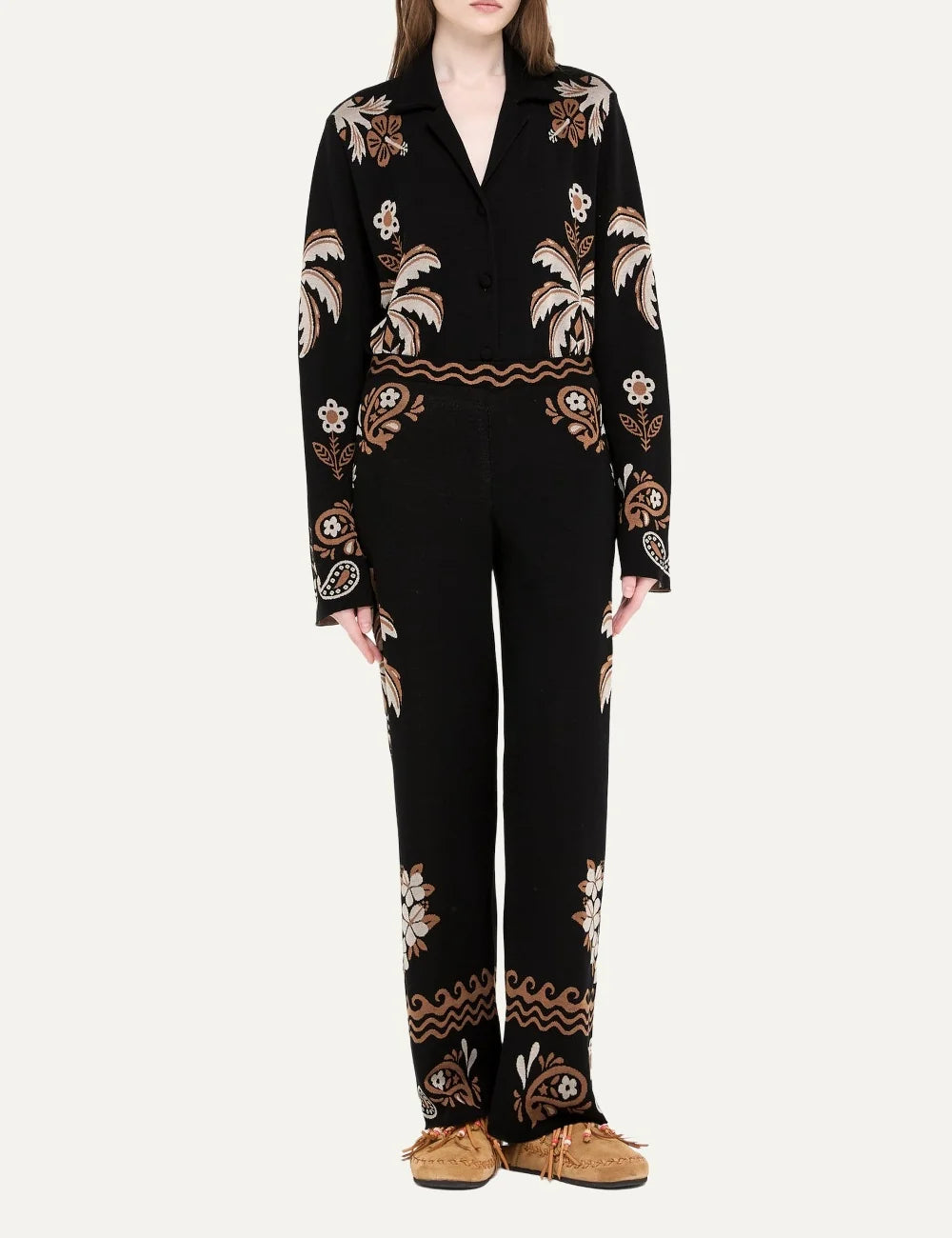 Alanui women Island Roots Foulard black wool silk jacquard pants with floral and paisley pattern model