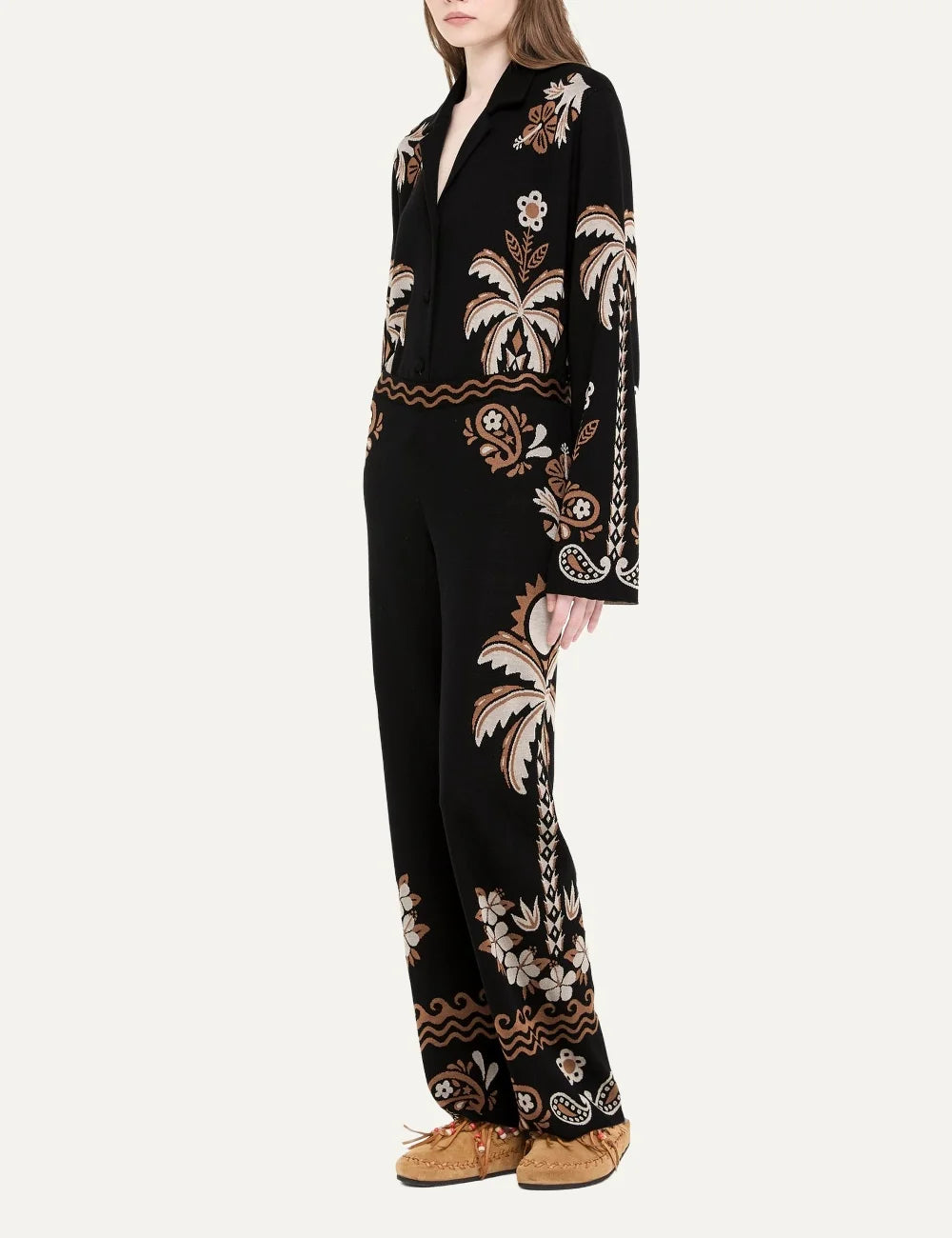 Alanui women Island Roots Foulard black wool silk jacquard pants with floral and paisley pattern side