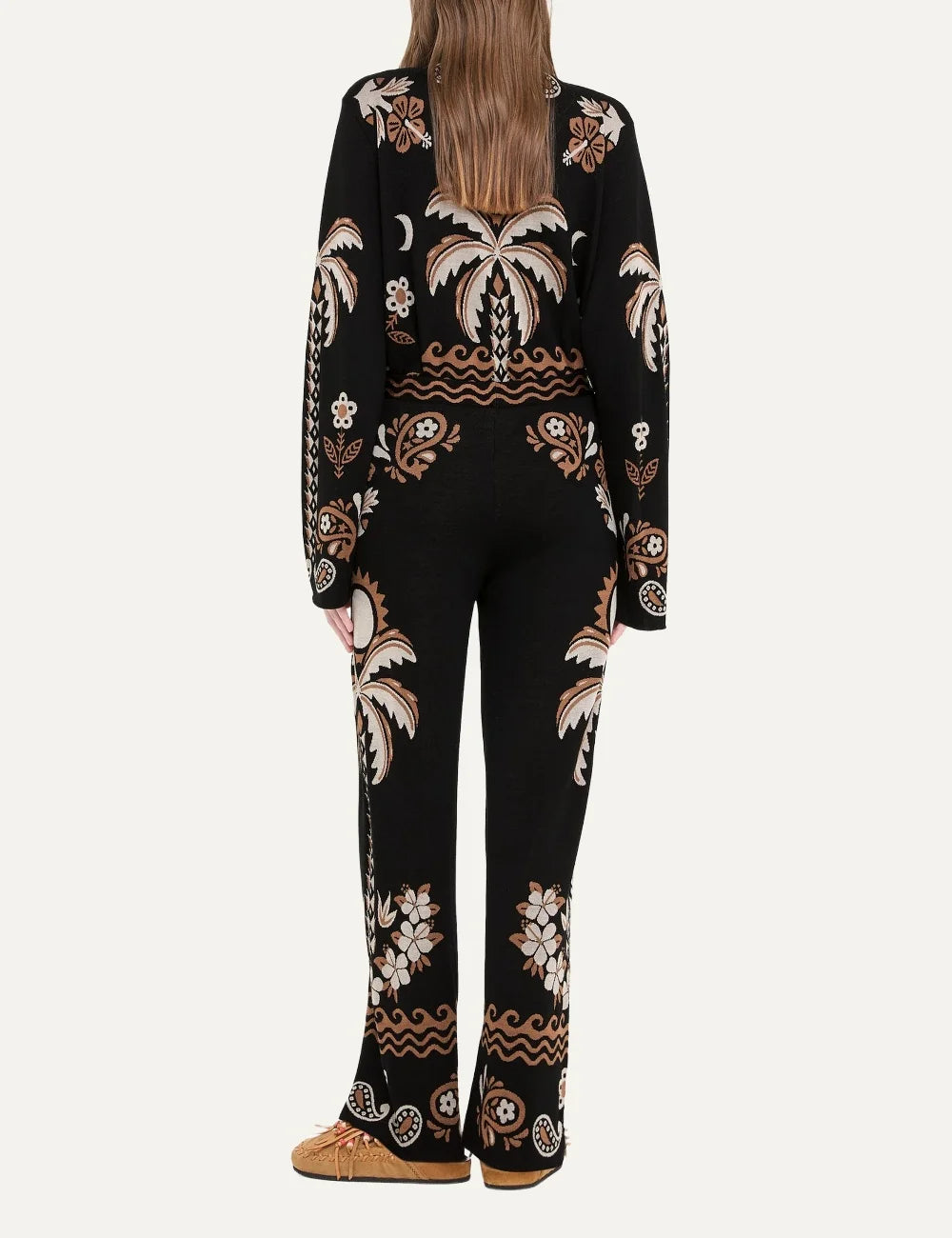 Alanui women Island Roots Foulard black wool silk jacquard pants with floral and paisley pattern back