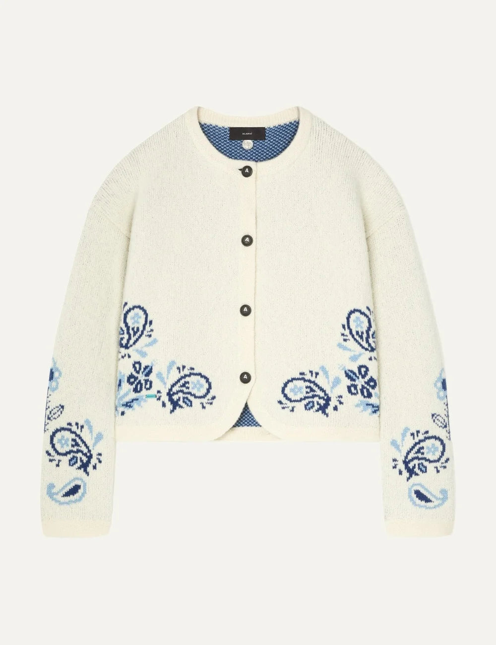Alanui women Island Roots Foulard ecru wool cashmere cardigan with blue paisley jacquard pattern
