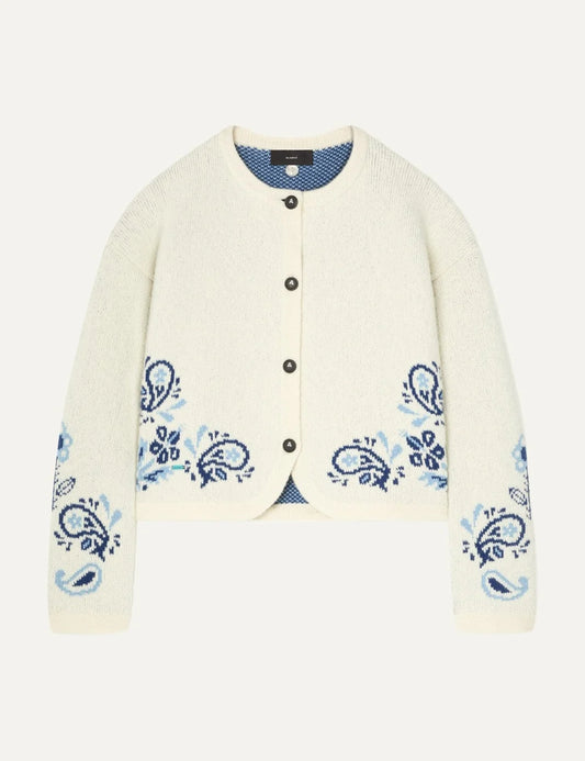 Alanui women Island Roots Foulard ecru wool cashmere cardigan with blue paisley jacquard pattern