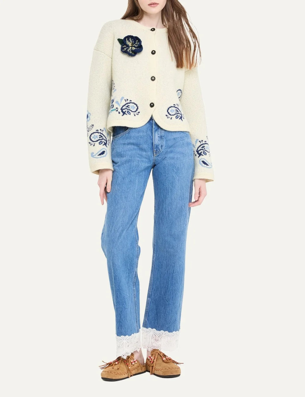 Alanui women Island Roots Foulard ecru wool cashmere cardigan with blue paisley jacquard pattern full body