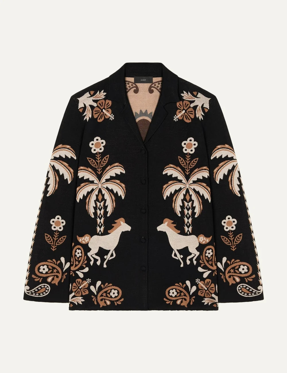 Alanui women Island Roots Foulard black wool silk jacquard shirt with palm floral and paisley pattern