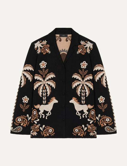 Alanui women Island Roots Foulard black wool silk jacquard shirt with palm floral and paisley pattern