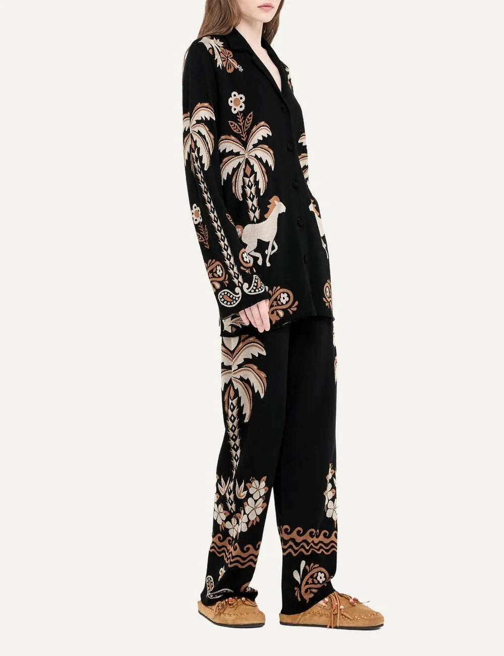 Alanui women Island Roots Foulard black wool silk jacquard shirt with palm floral and paisley pattern side