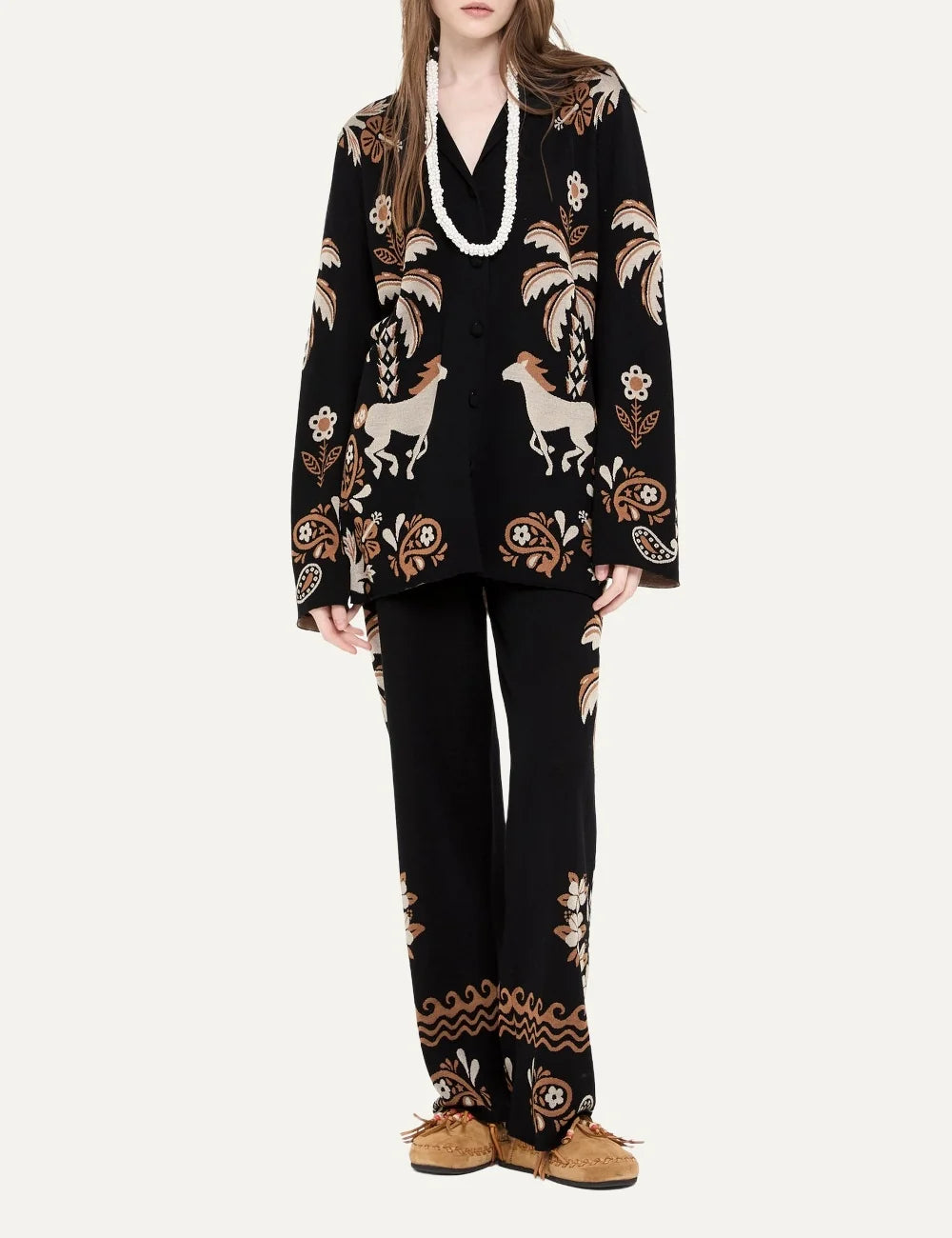 Alanui women Island Roots Foulard black wool silk jacquard shirt with palm floral and paisley pattern model