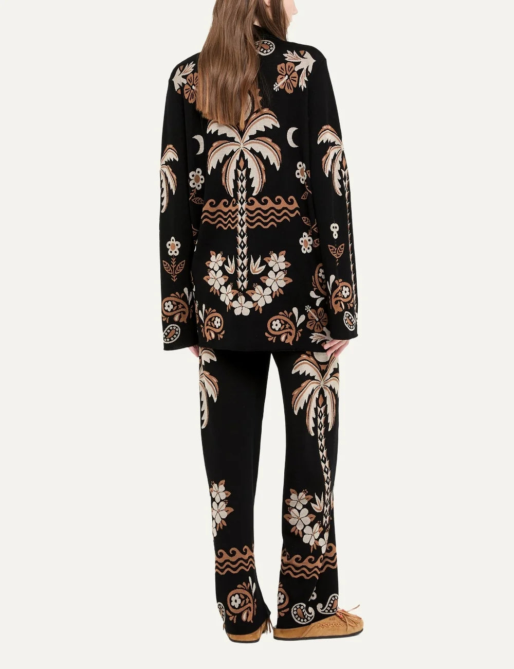 Alanui women Island Roots Foulard black wool silk jacquard shirt with palm floral and paisley pattern back