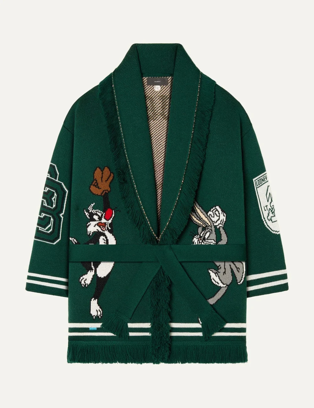 Alanui women Looney Tunes Sporty Bugs Bunny and Sylvester green virgin wool jacquard cardigan