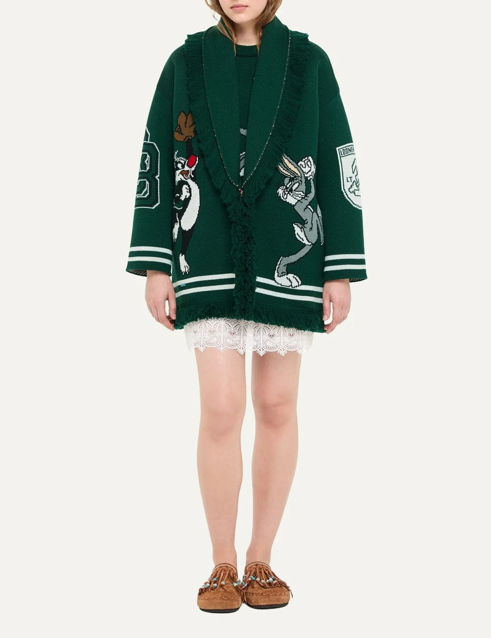 Alanui women Looney Tunes Sporty Bugs Bunny and Sylvester green virgin wool jacquard cardigan full body