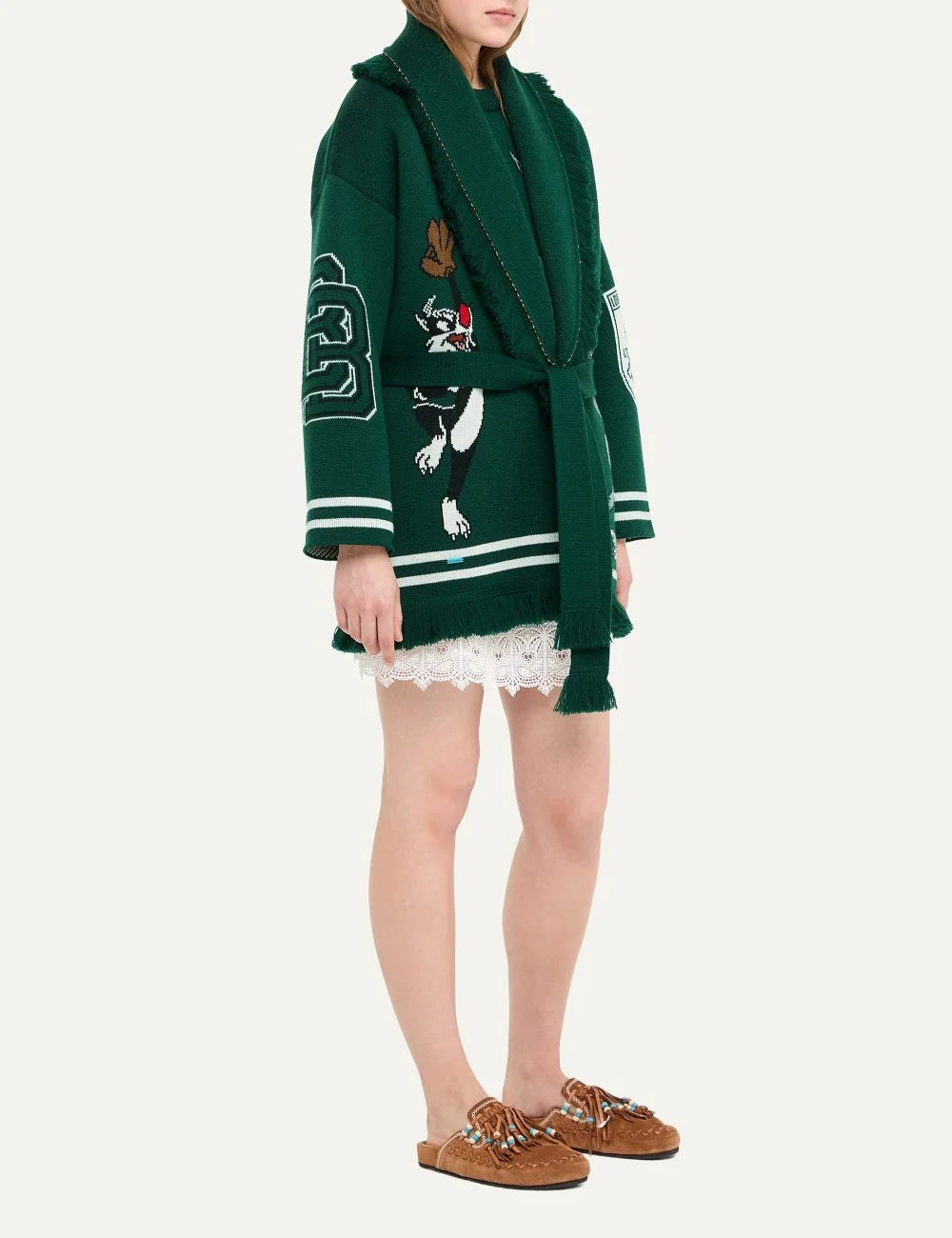 Alanui women Looney Tunes Sporty Bugs Bunny and Sylvester green virgin wool jacquard cardigan side
