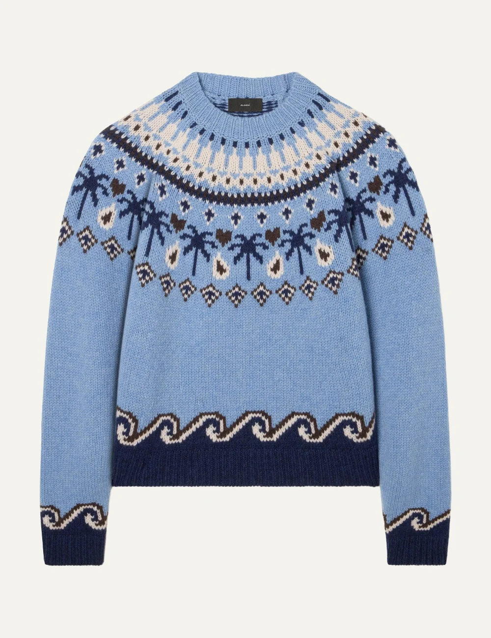 Alanui women Sweet Winter light blue virgin wool crewneck sweater with palm tree and wave Fair Isle pattern