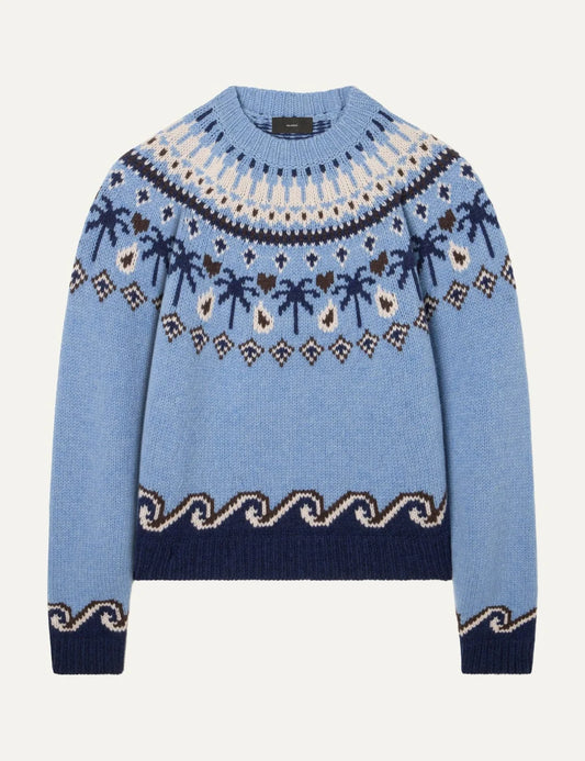 Alanui women Sweet Winter light blue virgin wool crewneck sweater with palm tree and wave Fair Isle pattern