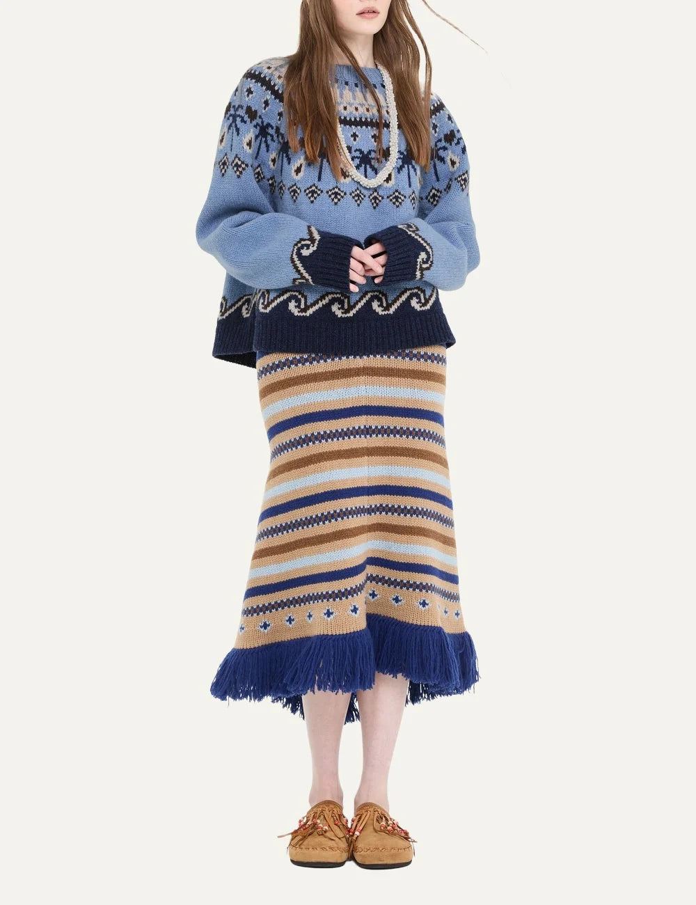 Alanui women Sweet Winter light blue virgin wool crewneck sweater with palm tree and wave Fair Isle pattern full body