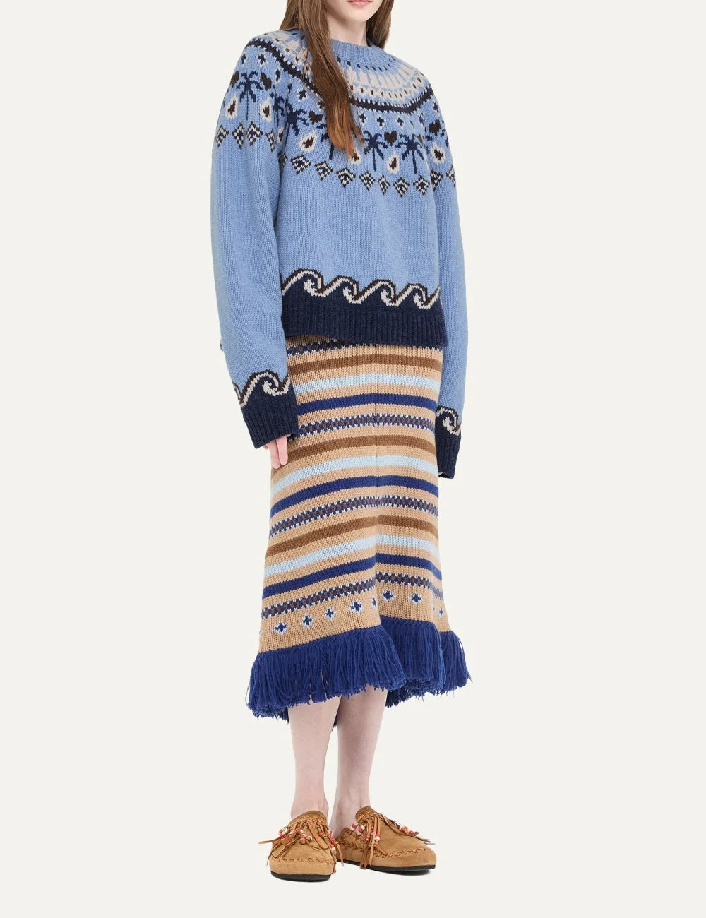 Alanui women Sweet Winter light blue virgin wool crewneck sweater with palm tree and wave Fair Isle pattern side