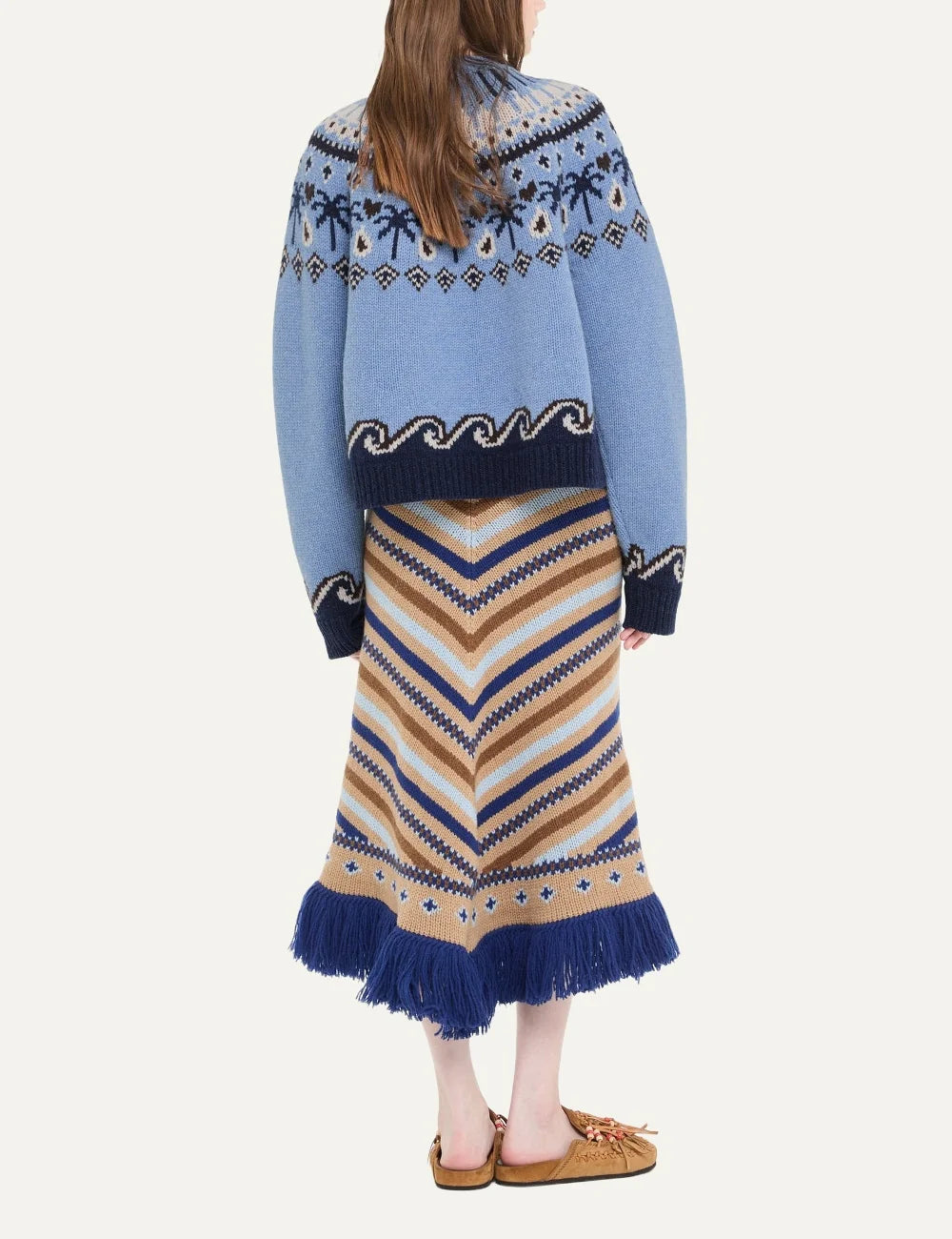 Alanui women Sweet Winter light blue virgin wool crewneck sweater with palm tree and wave Fair Isle pattern back