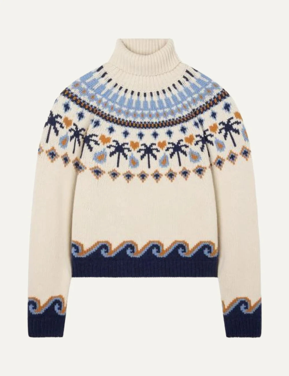 Alanui women Sweet Winter beige blue virgin wool turtleneck sweater with palm tree and wave Fair Isle