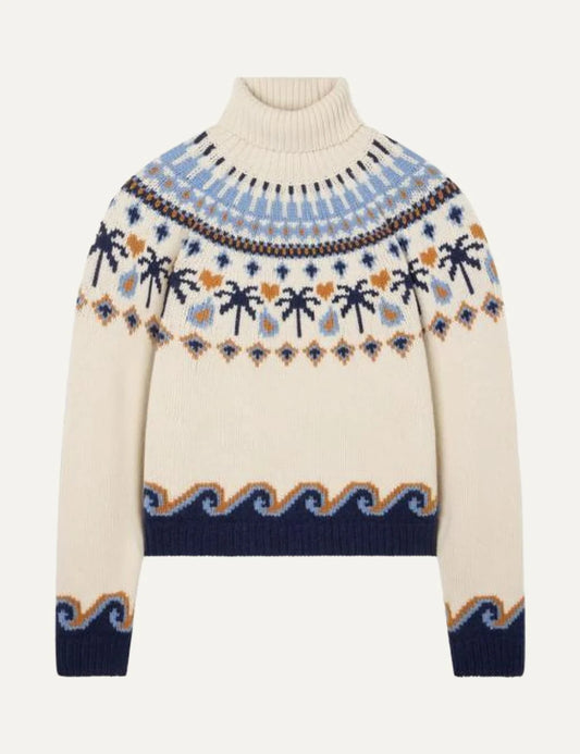 Alanui women Sweet Winter beige blue virgin wool turtleneck sweater with palm tree and wave Fair Isle