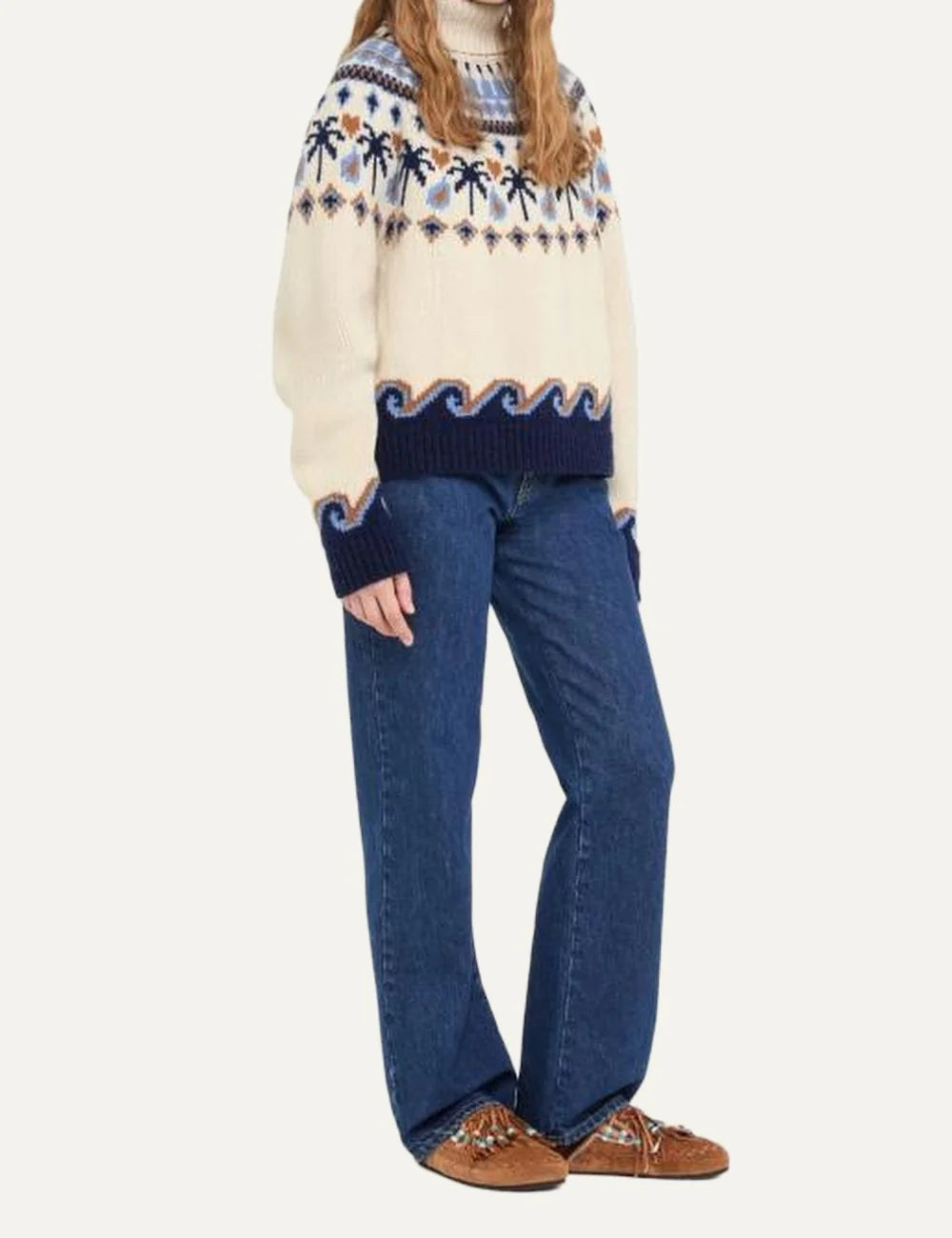 Alanui women Sweet Winter beige blue virgin wool turtleneck sweater with palm tree and wave Fair Isle side