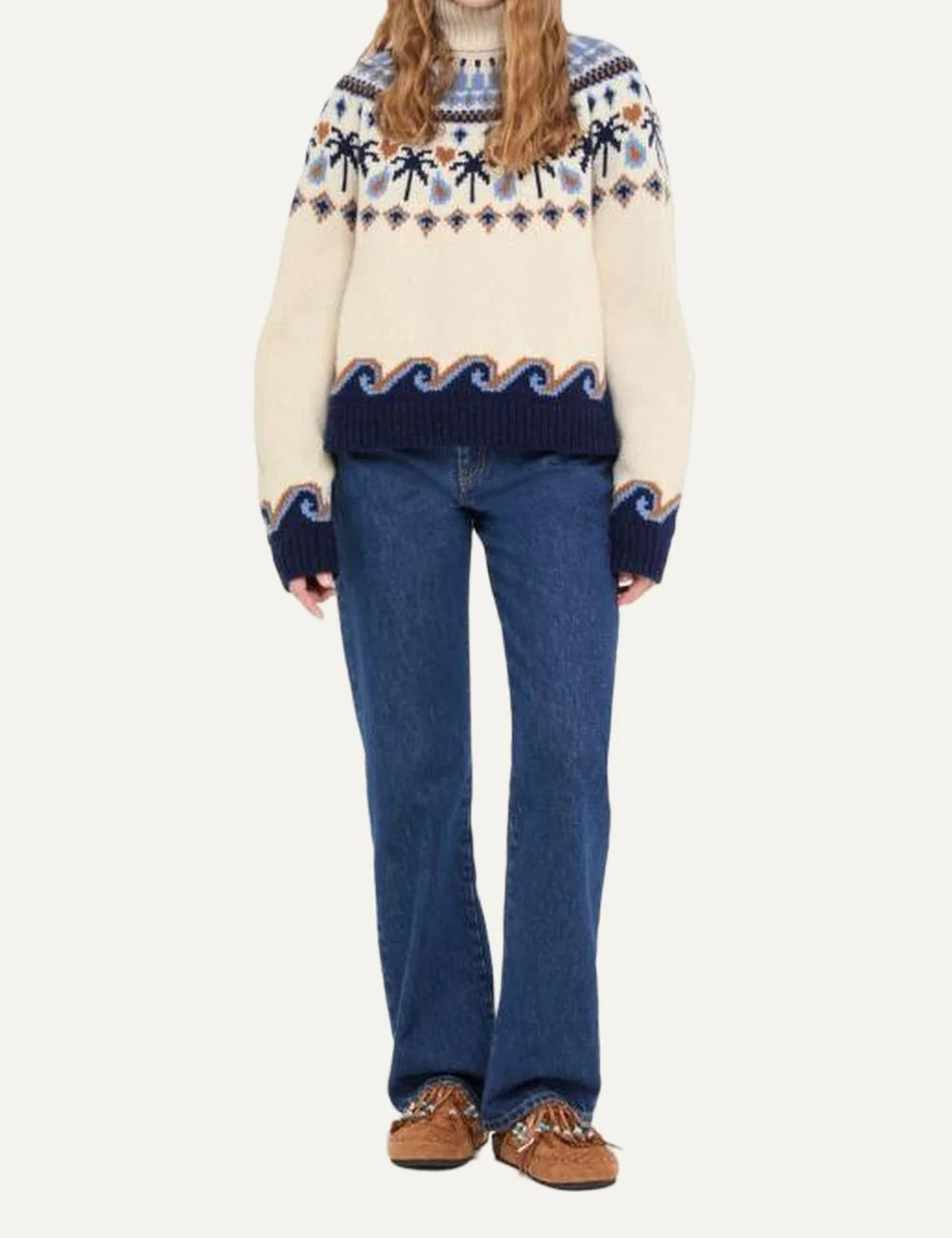 Alanui women Sweet Winter beige blue virgin wool turtleneck sweater with palm tree and wave Fair Isle full body