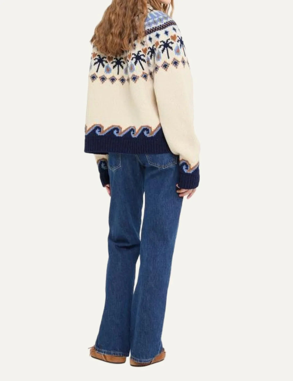 Alanui women Sweet Winter beige blue virgin wool turtleneck sweater with palm tree and wave Fair Isle back
