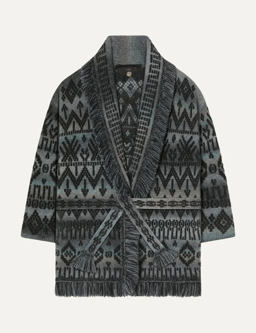 Alanui women Time To Shine grey geometric jacquard cardigan with fringed edges and tie belt