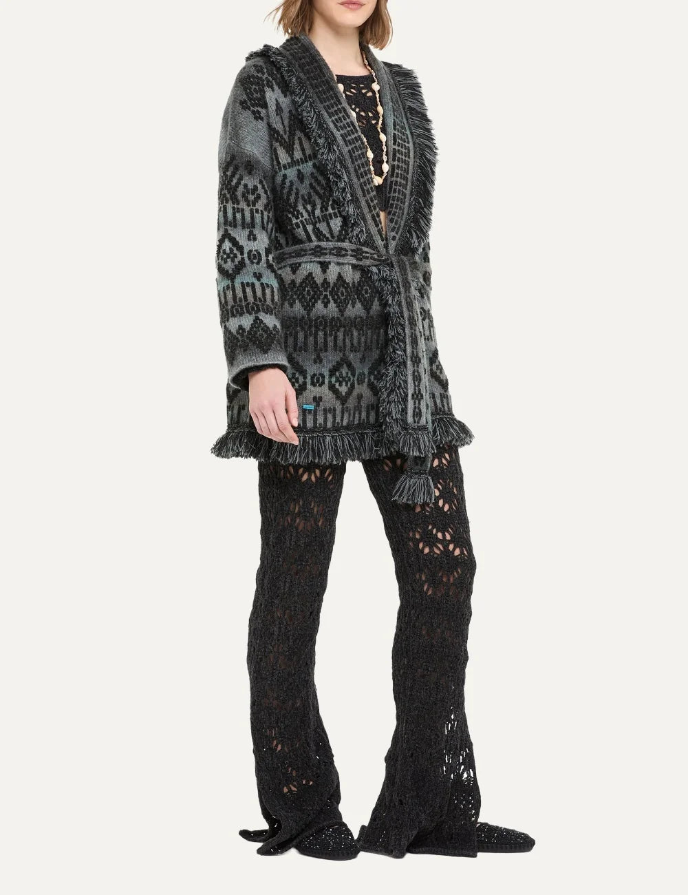 Alanui women Time To Shine grey geometric jacquard cardigan with fringed edges and tie belt side