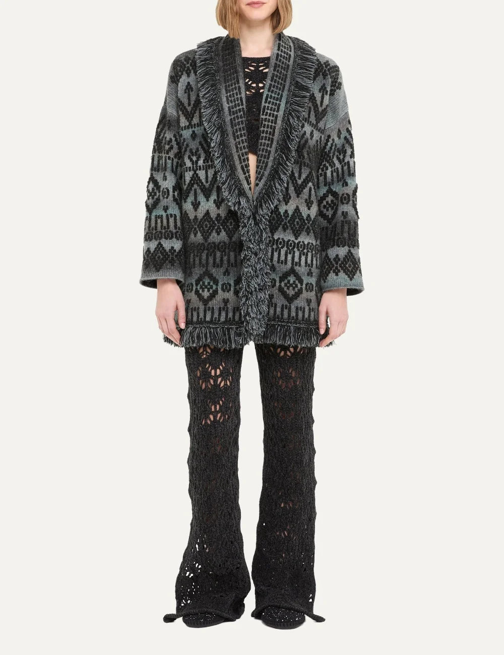 Alanui women Time To Shine grey geometric jacquard cardigan with fringed edges and tie belt full body