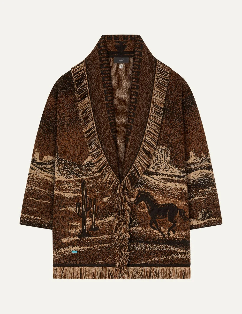 Alanui women Wild Wild brown virgin wool jacquard cardigan with horse motif and fringed trims