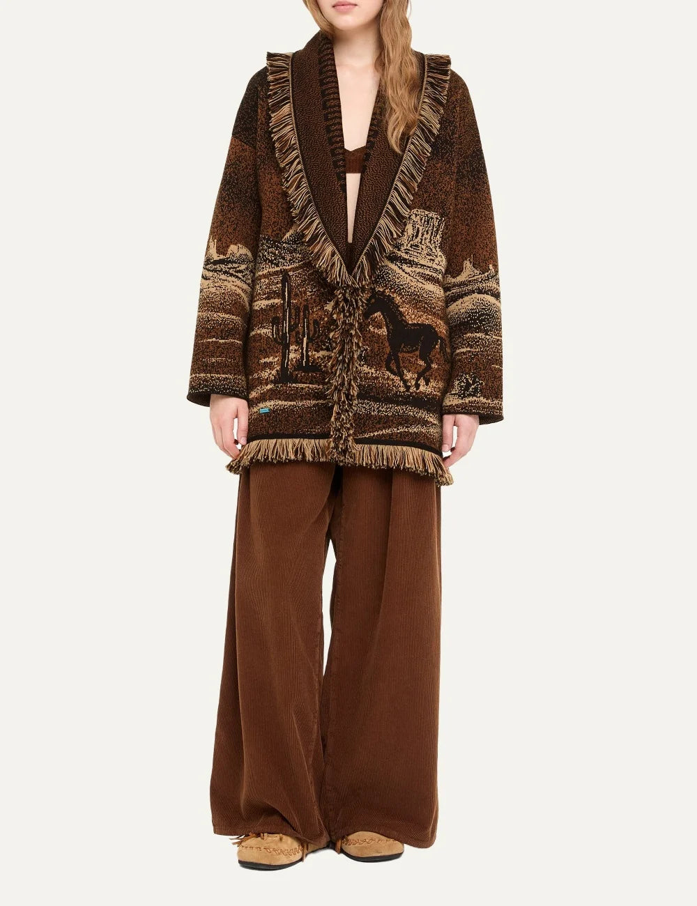 Alanui women Wild Wild brown virgin wool jacquard cardigan with horse motif and fringed trims full body