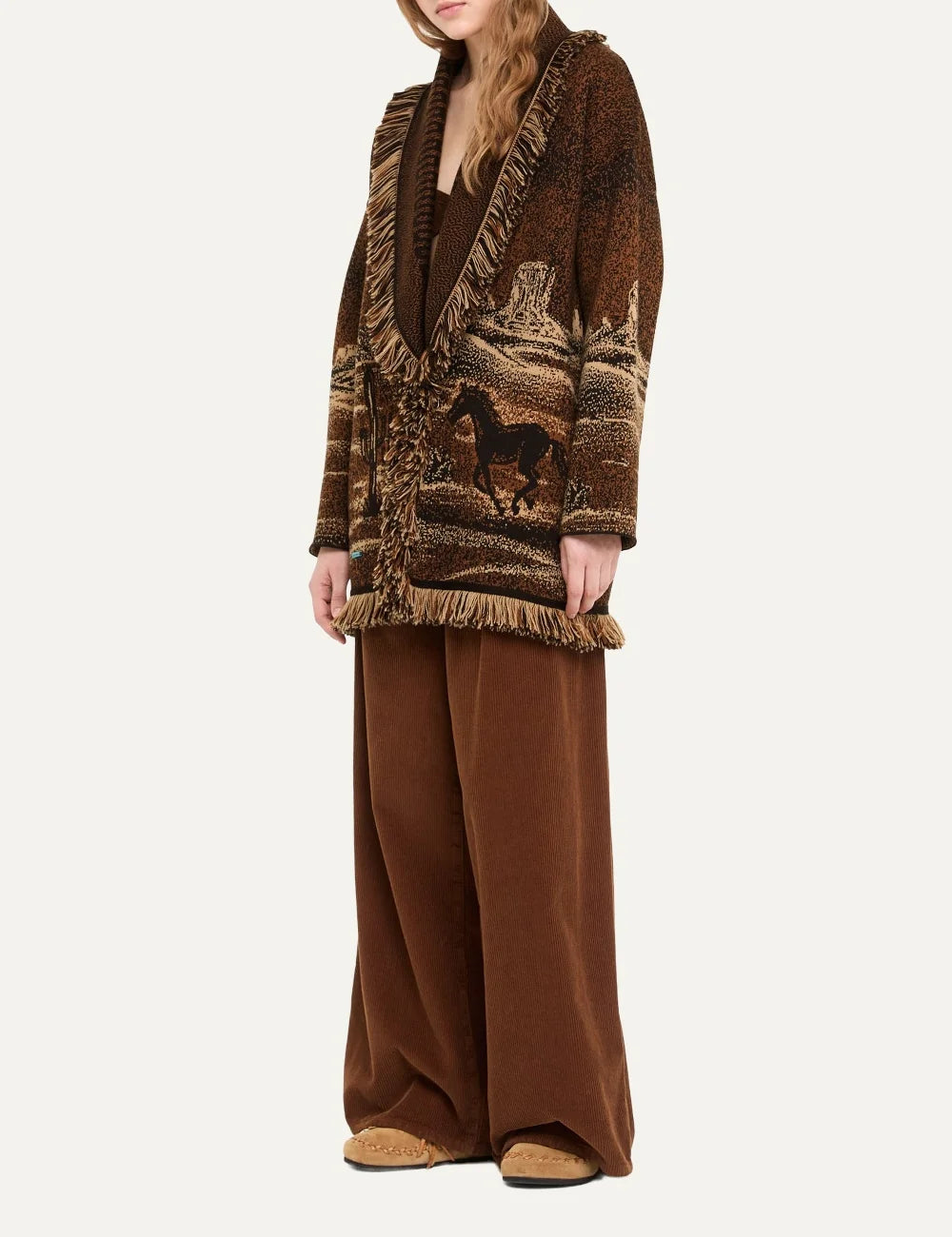 Alanui women Wild Wild brown virgin wool jacquard cardigan with horse motif and fringed trims side