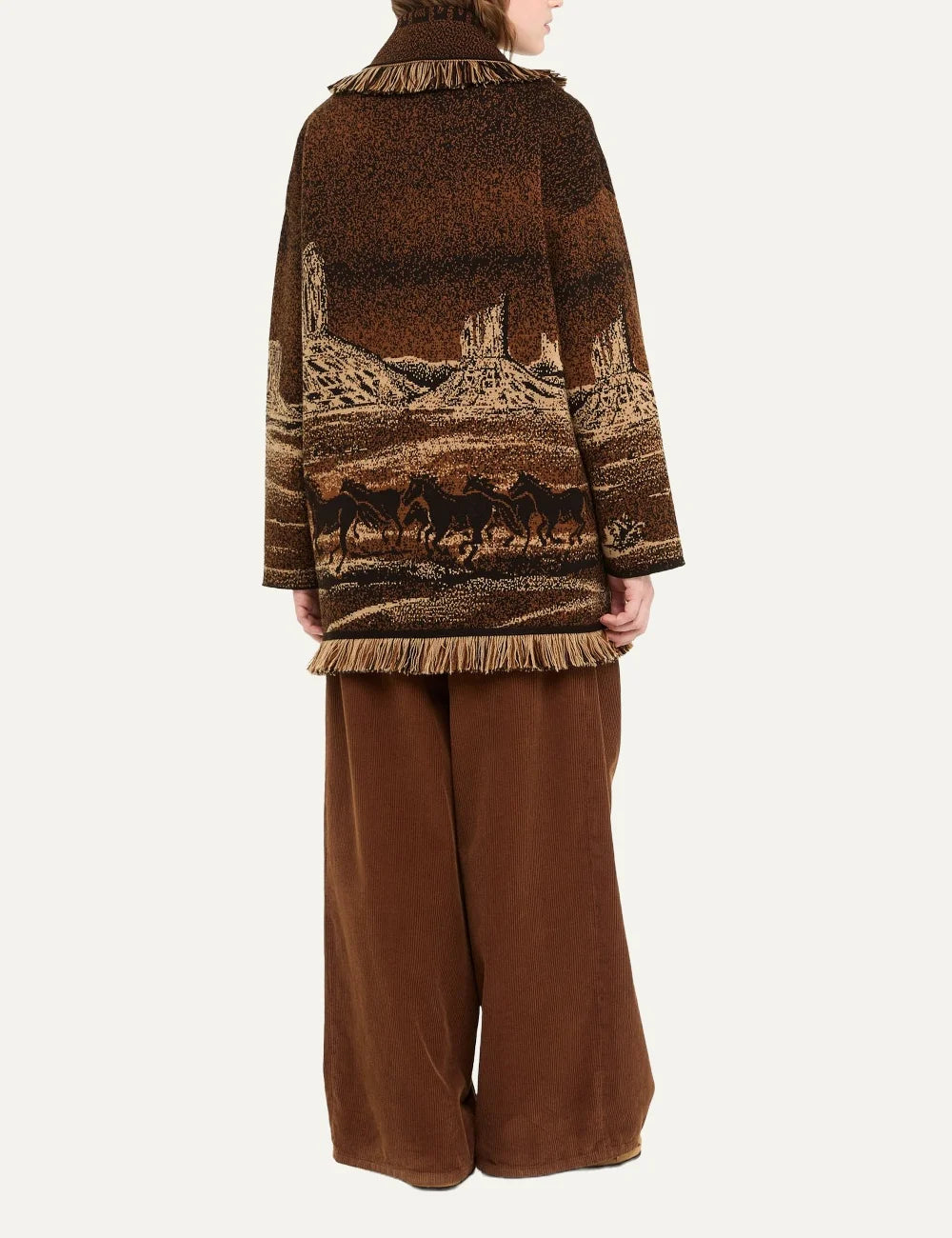 Alanui women Wild Wild brown virgin wool jacquard cardigan with horse motif and fringed trims back