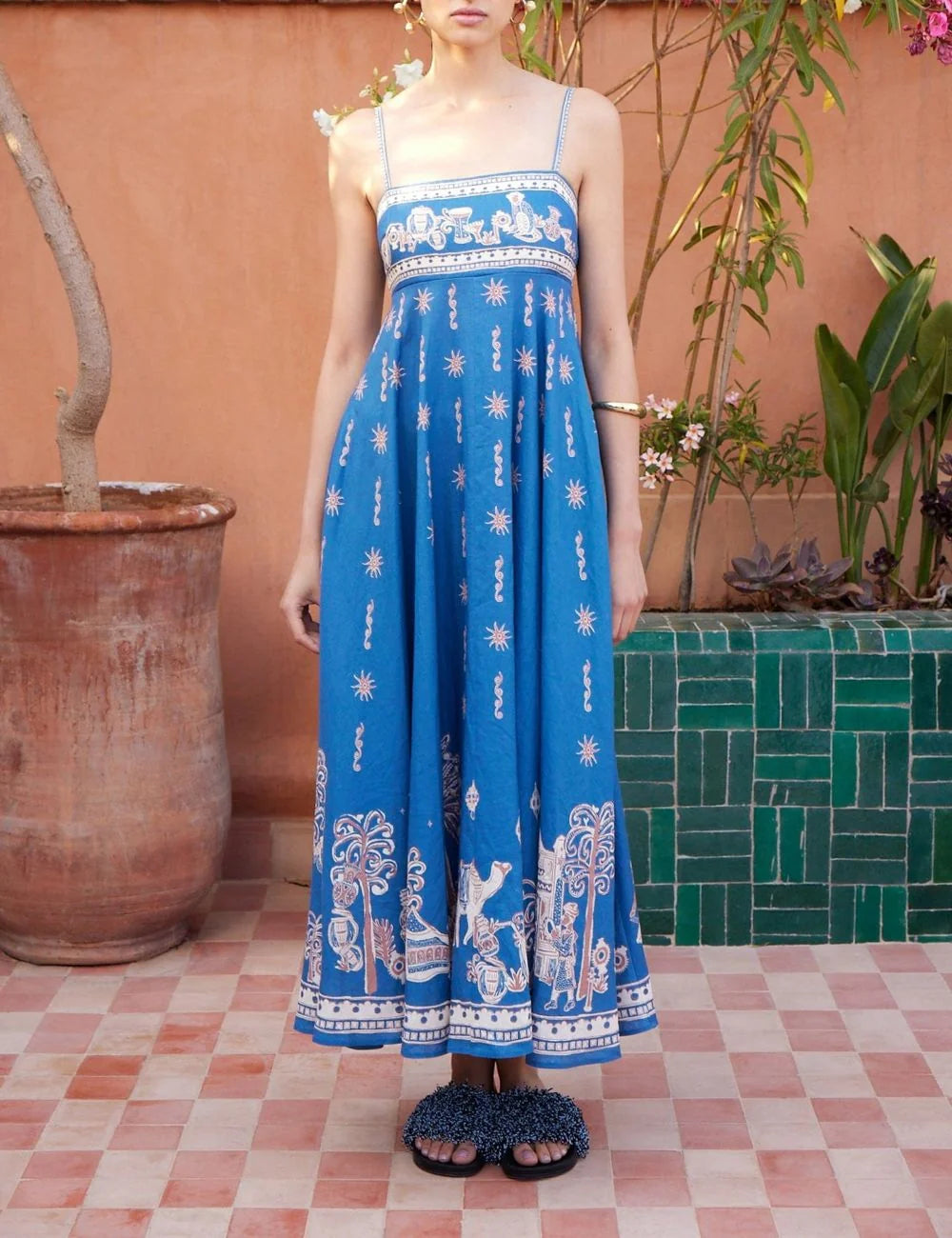 Alemais Acacia midi sundress blue front view linen φόρεμα