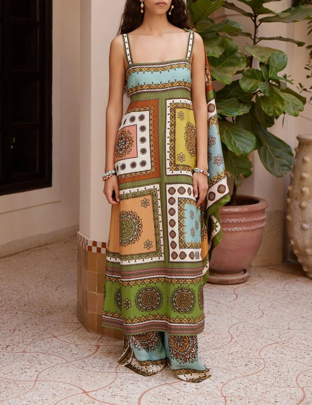 Alemais Contina midi day dress front view patchwork print