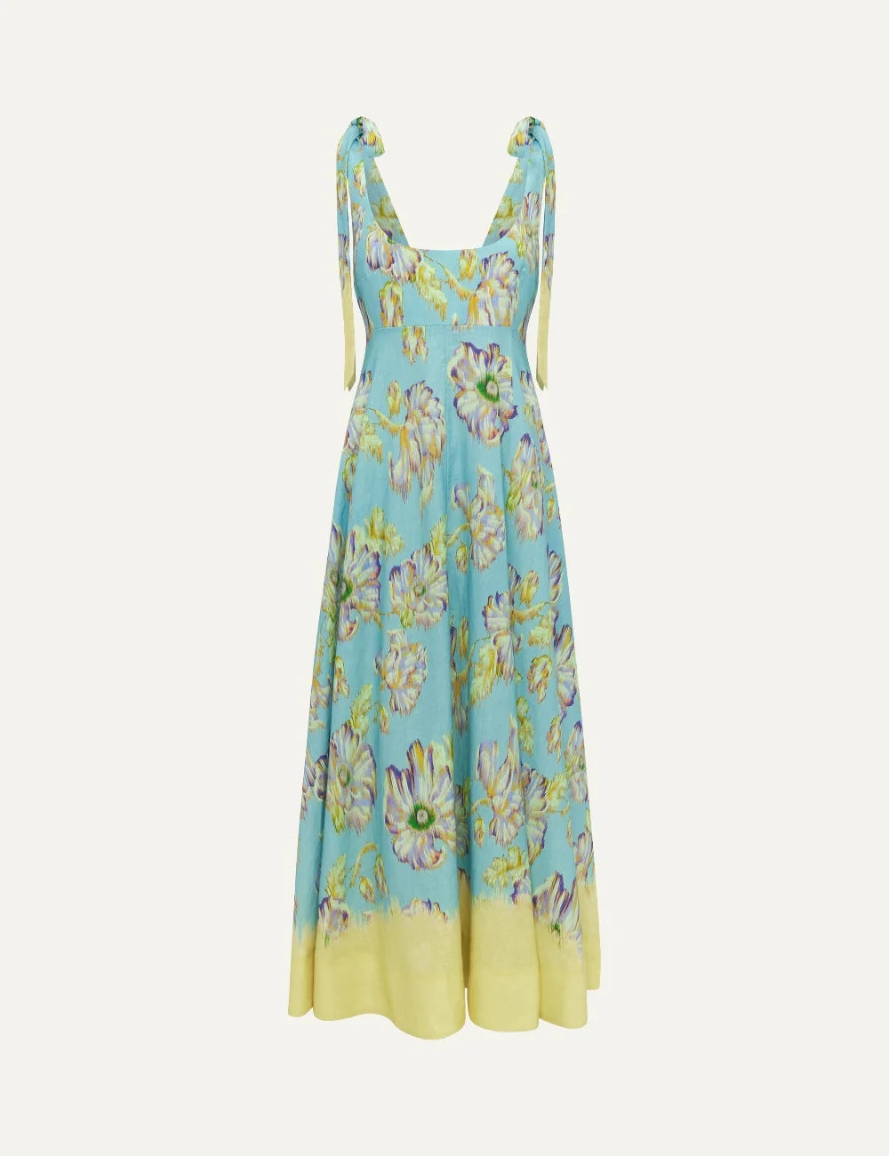 ALEMAIS women blue linen midi dress with yellow watercolour floral print and tie straps