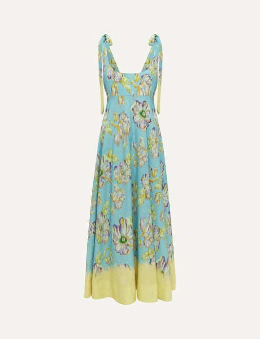ALEMAIS women blue linen midi dress with yellow watercolour floral print and tie straps