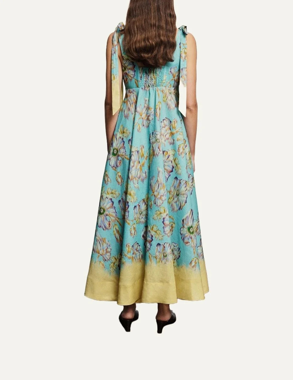 ALEMAIS women blue linen midi dress with yellow watercolour floral print and tie straps back