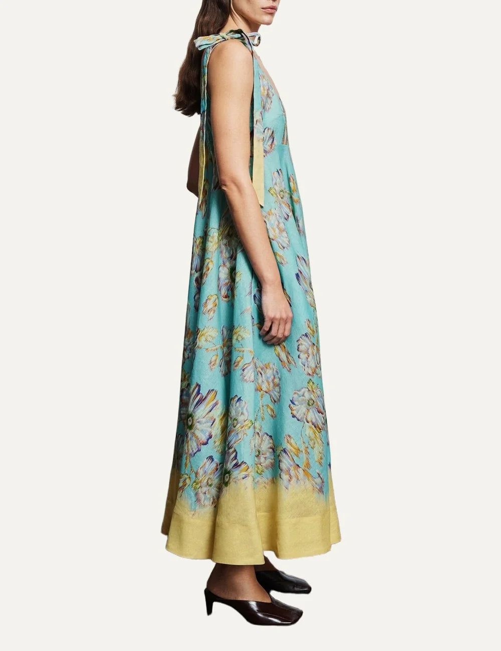 ALEMAIS women blue linen midi dress with yellow watercolour floral print and tie straps side