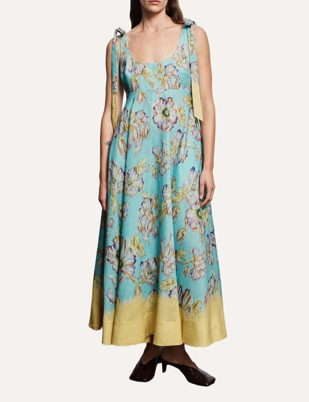 ALEMAIS women blue linen midi dress with yellow watercolour floral print and tie straps full body
