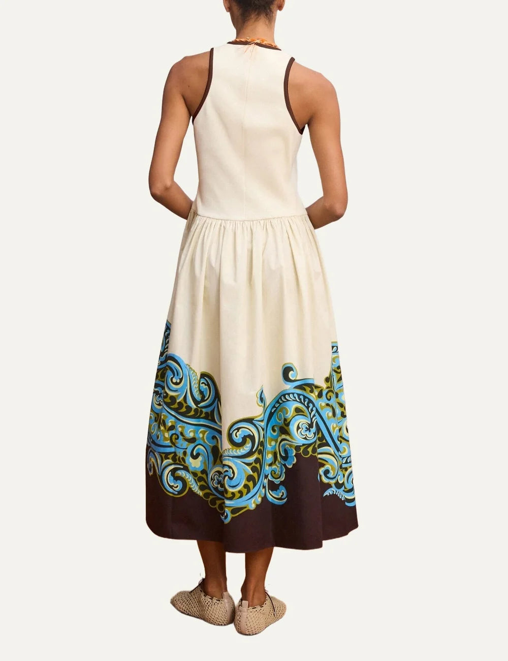 ALEMAIS women cream midi tank dress with blue brown paisley print and rib-knit bodice back