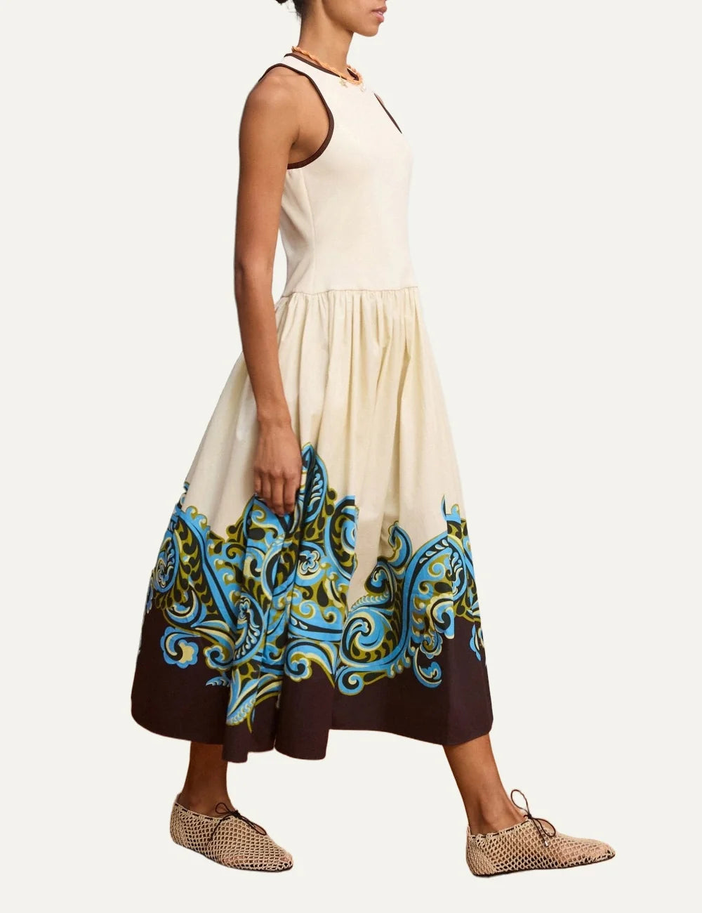 ALEMAIS women cream midi tank dress with blue brown paisley print and rib-knit bodice side