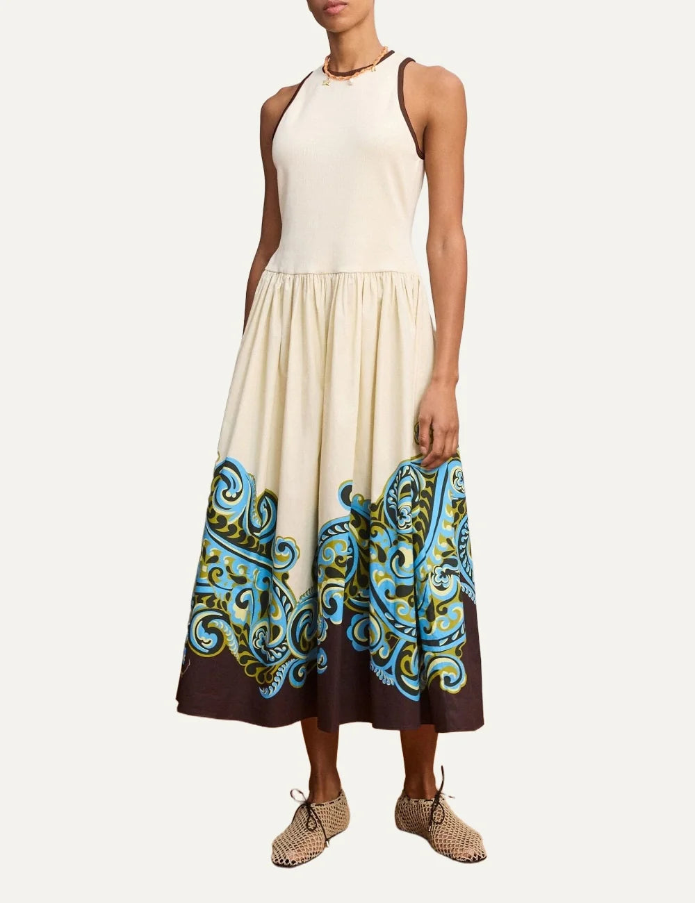 ALEMAIS women cream midi tank dress with blue brown paisley print and rib-knit bodice full body