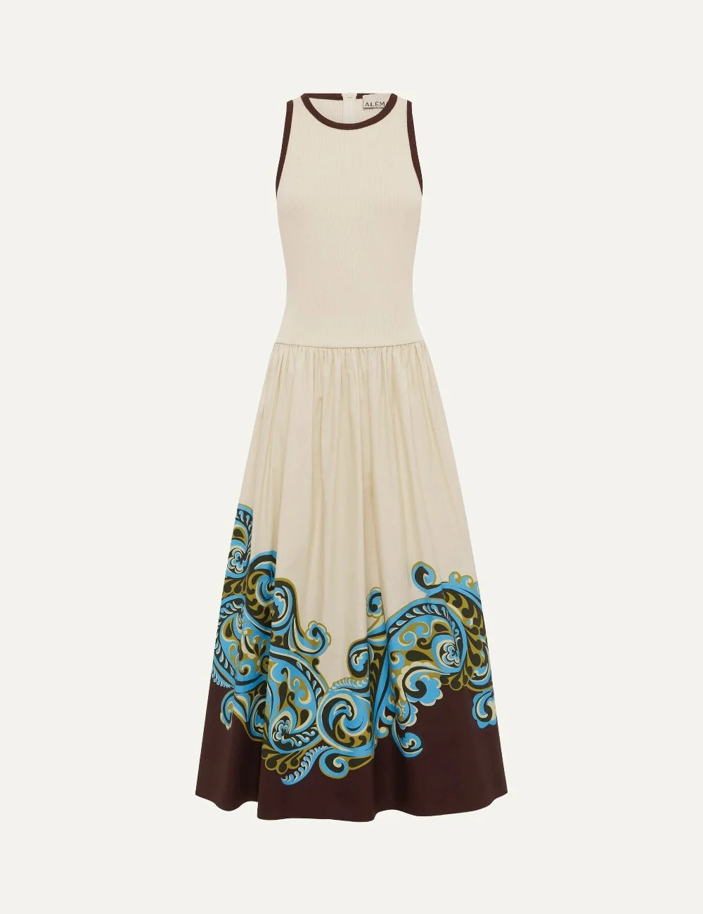 ALEMAIS women cream midi tank dress with blue brown paisley print and rib-knit bodice