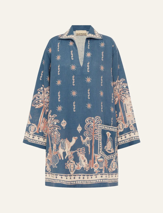 ALEMAIS Acacia mini dress flat lay blue linen tunic dress