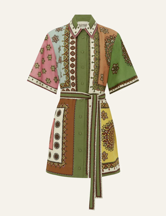 Alemais Contina mini dress flat lay front patchwork print