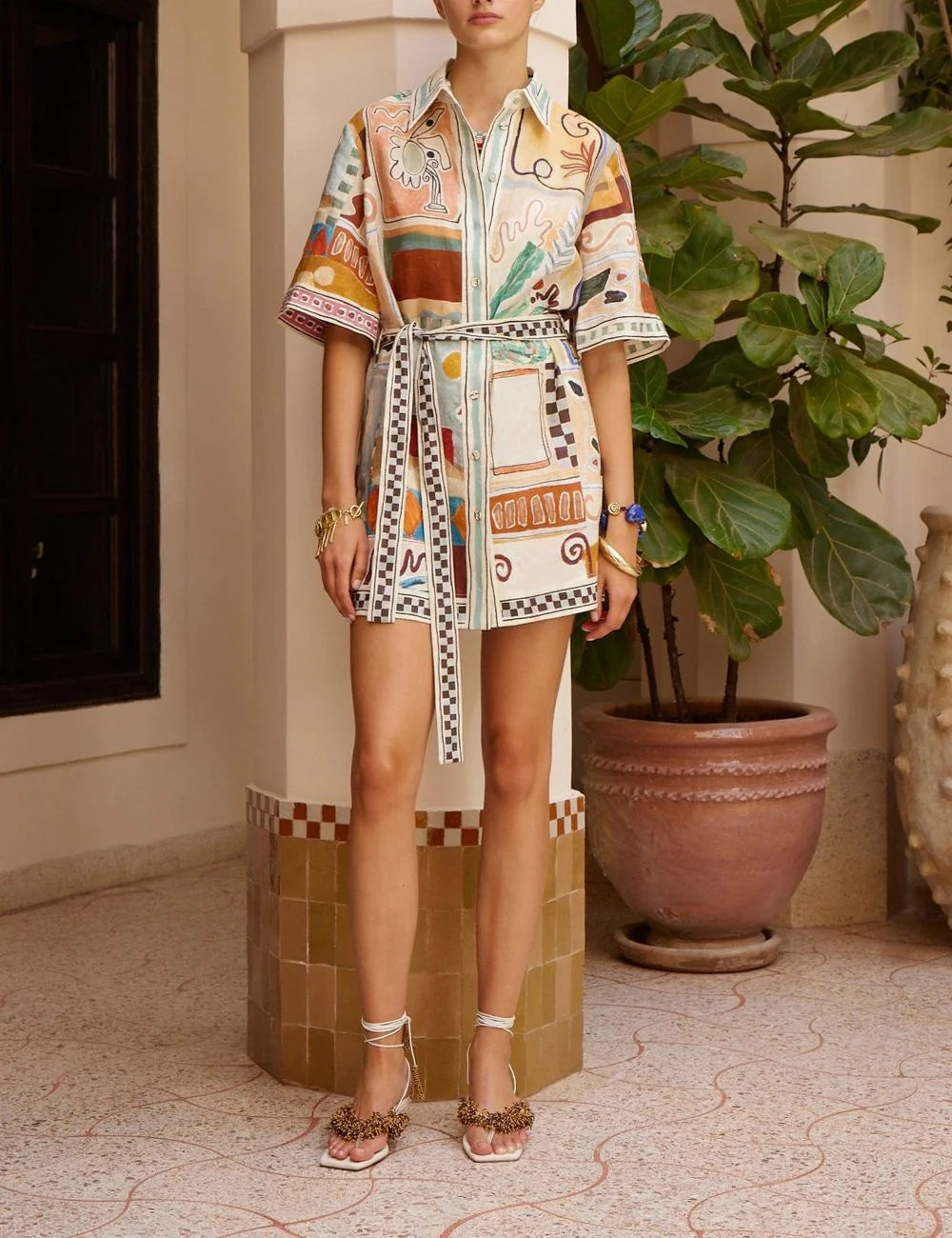 Alemais Michelle mini shirtdress linen front view abstract print summer dress