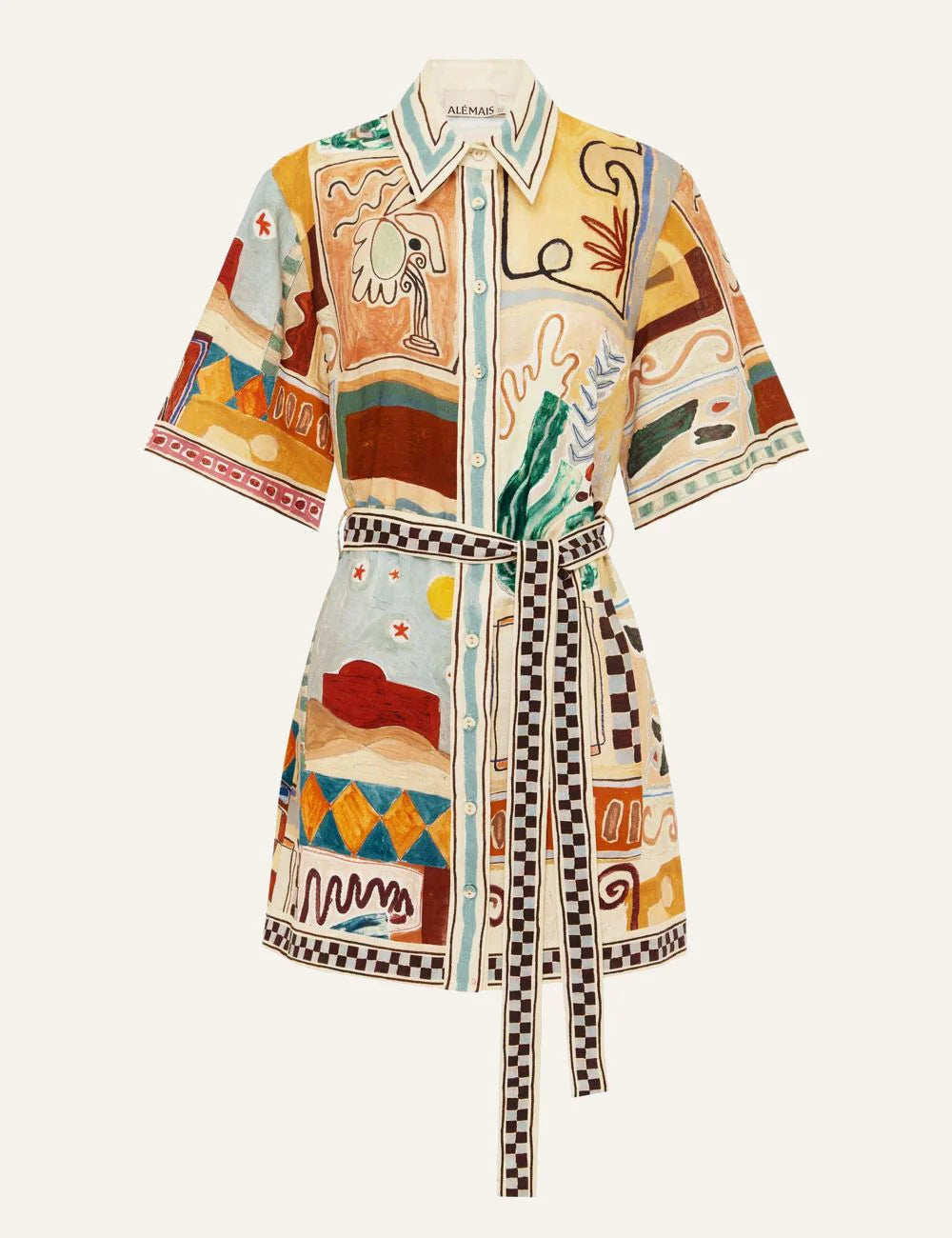 Alemais Michelle mini dress flat lay European linen abstract pattern