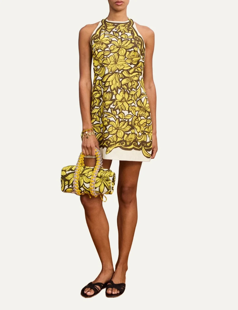 ALEMAIS women cream yellow floral banana print hemp halter mini dress full body