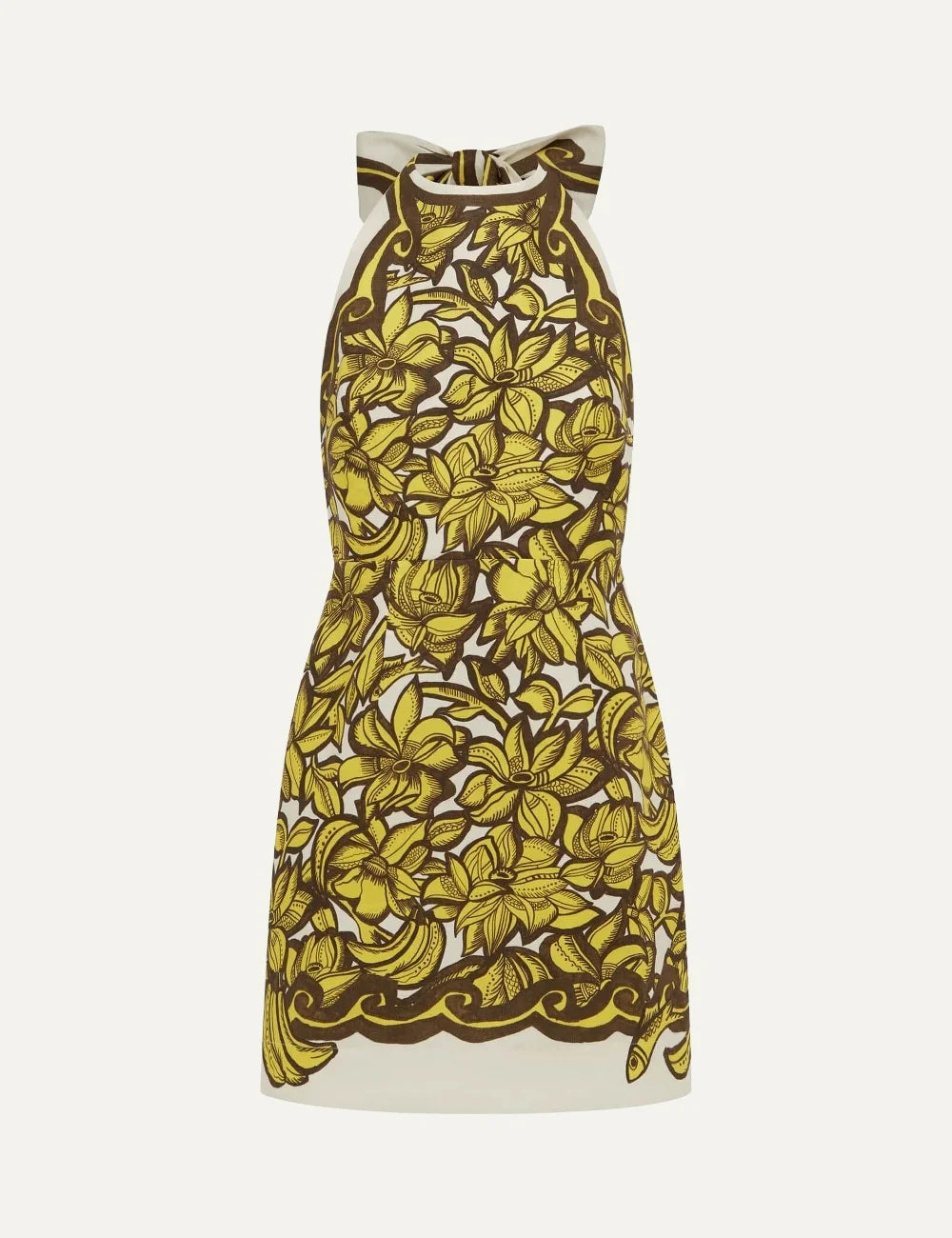 ALEMAIS women cream yellow floral banana print hemp halter mini dress