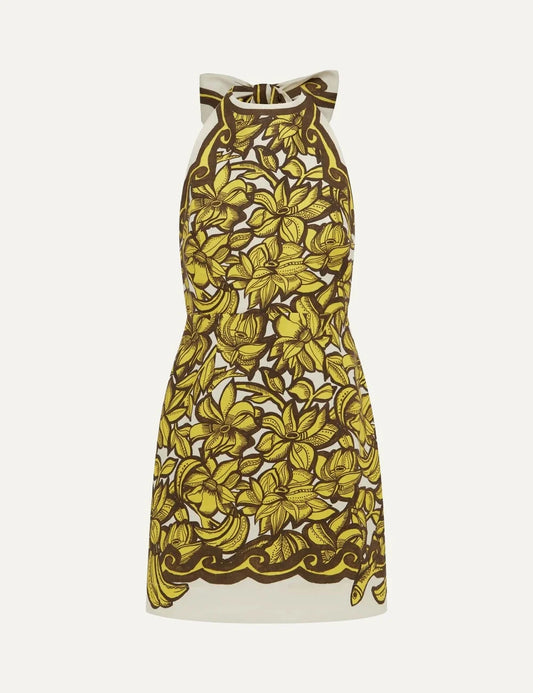 ALEMAIS women cream yellow floral banana print hemp halter mini dress