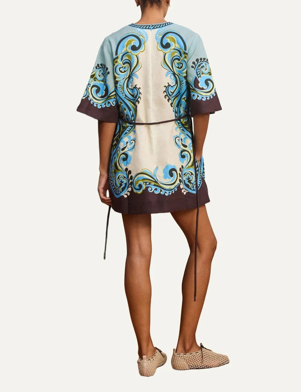 ALEMAIS women linen mini dress with blue brown paisley print and tie waist back
